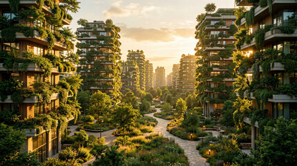 Obraz premium Green urban district at golden hour with warm sunlight filtering through vertical forest building facades