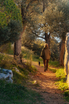 Person walking with small dog on forest path