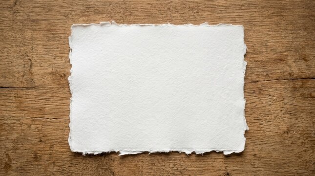 An empty border frame of old torn parchment paper with a rough grunge texture on a vintage brown wood background