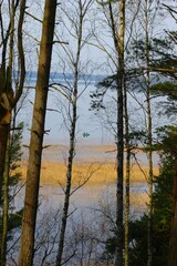 Fototapeta premium Two People Fishing from Small Boat on Quiet Lake Seen Through Forest Trees