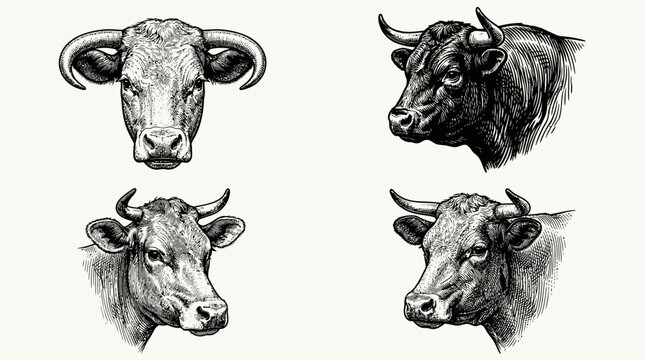 Set of hand drawn cattle heads in engraving style.