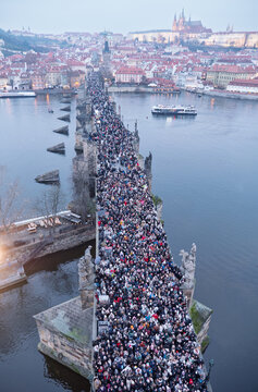 Crowds on Prague's Charles Bridge