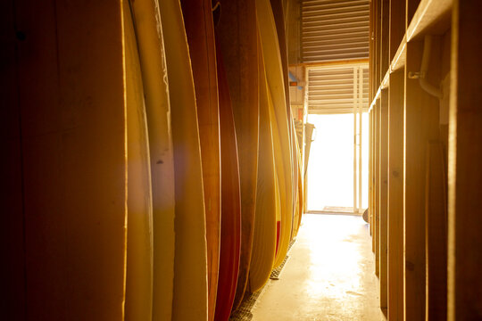 Surfboard storage corridor in Byron Bay workshop Australia