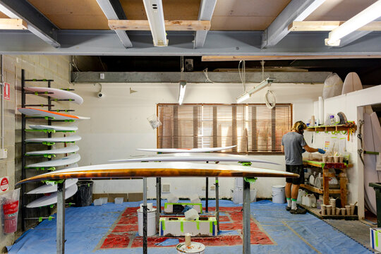 Glassing room in surfboard workshop