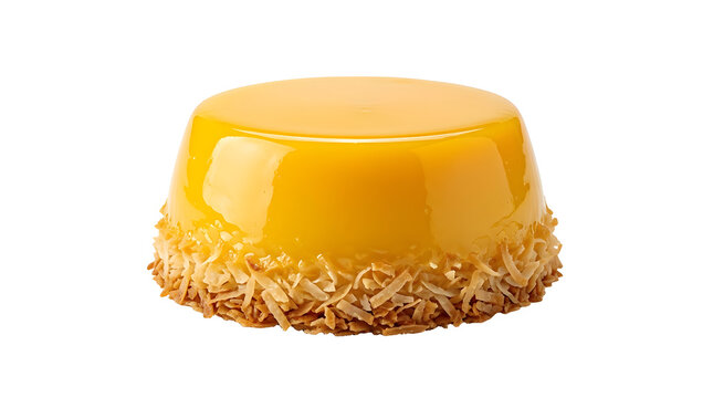Glossy Brazilian quindim egg custard with toasted coconut base isolated on a transparent background