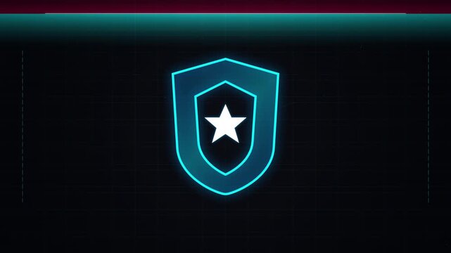 Neon shield icon animation on dark background for security concepts