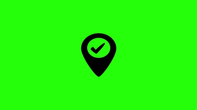 4K motion clip of a classic teardrop location badge bearing an inner verified check mark symbol bouncing. Playful popup element for delivery arrived notice.