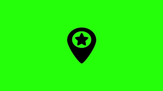 Professional 4K motion graphic of a map position pin identifier featuring a shiny central rating star bouncing. Creative popup asset for favorite landmark hotel booking.