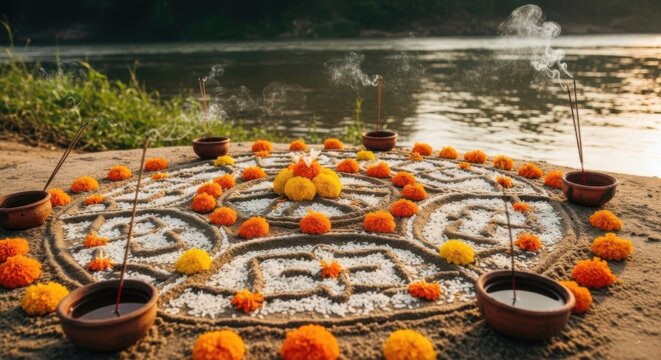 Colorful flower mandala arrangement on sandy ground