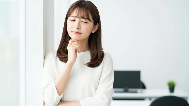 明るい店内の窓辺で色々と考えながらアイデアが浮かぶ女性