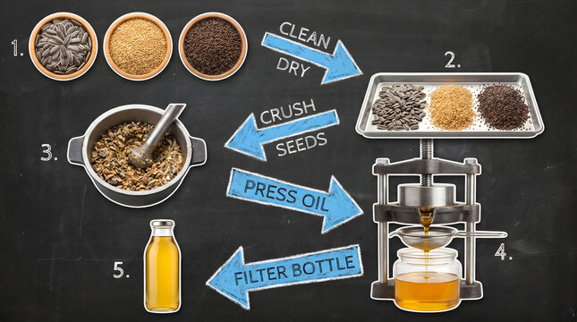 Educational infographic showing the artisanal seed oil extraction process from cleaning and crushing to cold pressing and bottling on a dark chalkboard background