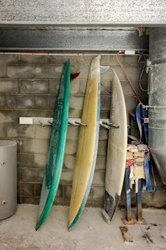 Surfboards stored in workshop rack in  Australia