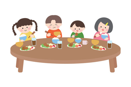 子どもたちのかわいい食事風景｜フラットなイラスト