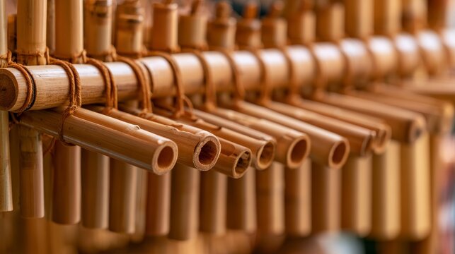Close-up view of traditional bamboo wind chimes hanging on a rustic wooden rack
