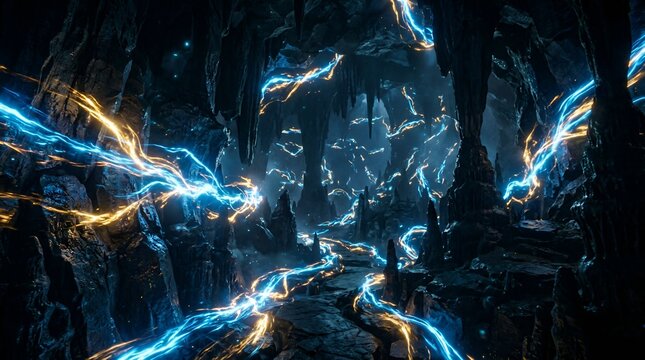 Mystical Cave Landscape with Electric Energy Streams