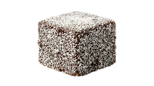 Australian lamington sponge cake square coated in rich dark chocolate and desiccated coconut isolated on a transparent background for premium bakery dessert menus and graphic design.