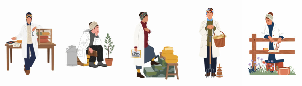 Set of illustrations depicting a female artisanal cheese maker and dairy farmer in various work activities and rural environments.