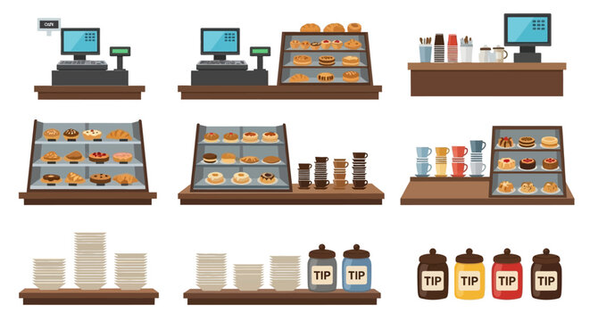 Bakery Display, Coffee Counter, Cash Register, Pastry Cases, Tip Jars