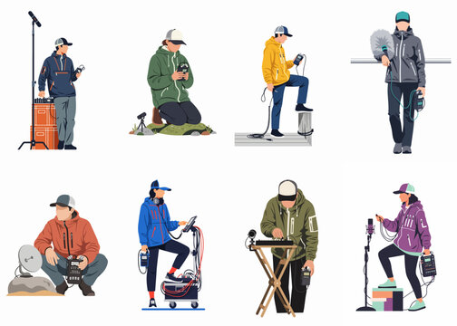 Flat illustration set of professional audio recordists and sound engineers using field recording equipment in various outdoor locations.