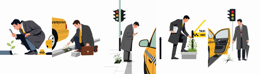 Businessman in grey coat interacting with small plants and flowers in an urban setting featuring yellow taxis and traffic lights. © Papat