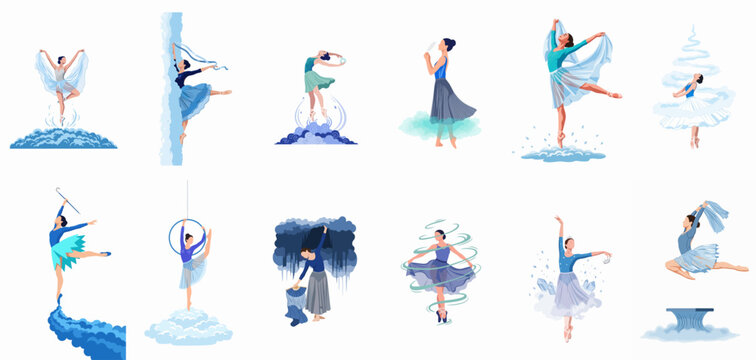Flat Vector Illustration Set of Graceful Ballerinas and Dancers in Ethereal, Elemental Poses and Blue Costumes