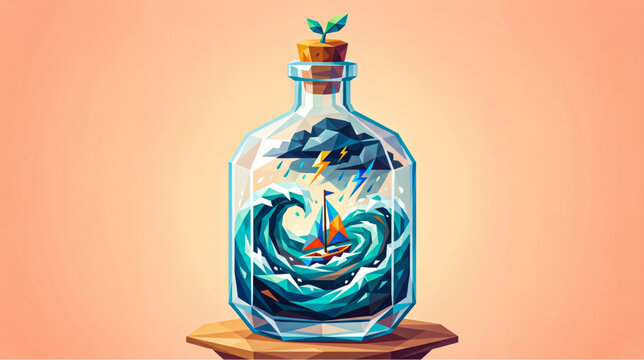 Stormy Sea and Sailboat Inside a Geometric Glass Bottle