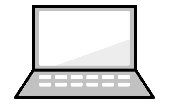 ノートパソコンの白黒アイコン。モノクロのPCが開いた状態のイラスト。