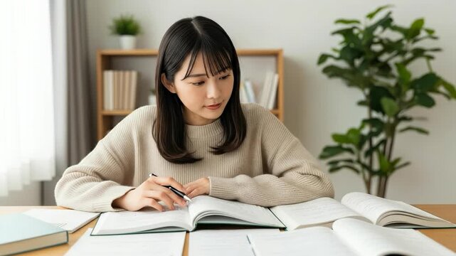 たくさんの参考書を広げた机で熱心に勉強をする女性