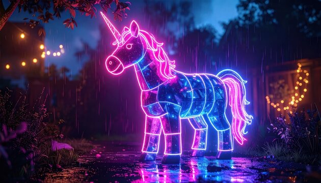 Neon Unicorn in Dark Forest Scene.