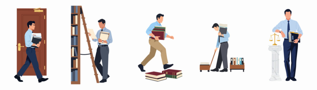 Vector illustrations of a male legal professional managing heavy workloads, documents, and research in office and archive environments.