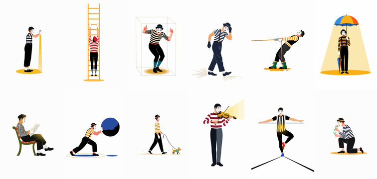Collection of Flat Vector Illustrations Featuring a Mime Performing Various Classic Pantomime Acts and Poses on a White Background