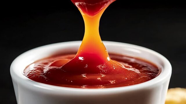 Crispy golden potato fry dipped deep into a small white ceramic bowl of rich red tomato ketchup against a dark black background showcasing the delicious texture and vibrant colors of this popular fast