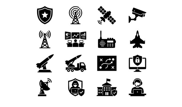 Professional Defense Industry Flat Black Icons Vector Pack