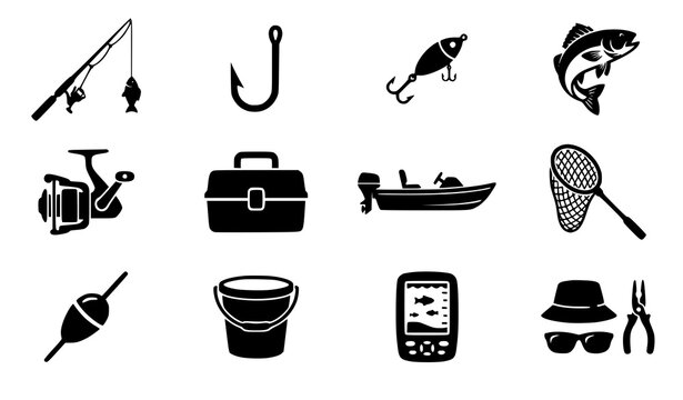 Fishing Flat Black Icons Vector Illustration Set