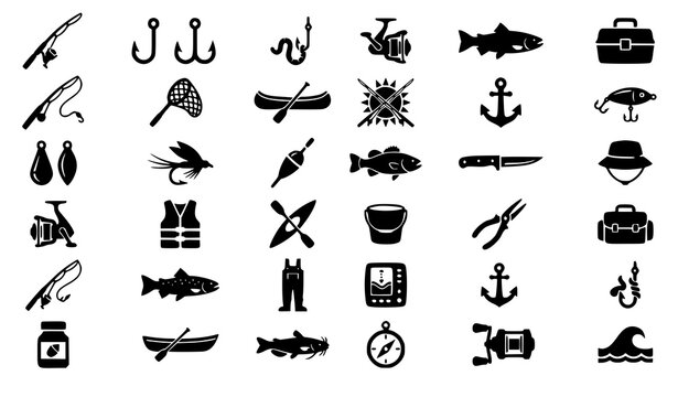 Fishing Equipment and Angling Flat Black Icon Collection