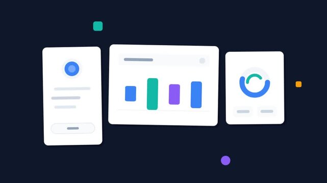 Animated UI UX dashboard with bar charts and circular progress indicators on dark background.