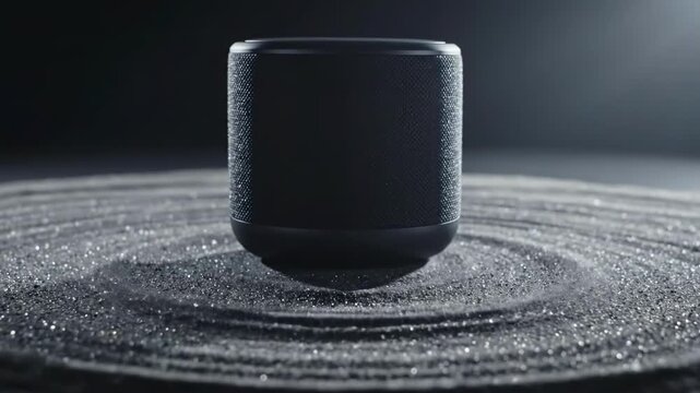 Dark cylindrical speaker on sparkling black sand