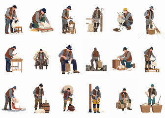 Flat illustration set of male characters engaged in traditional sheep shearing, wool processing, and farm maintenance activities on a white background. © Sewelas