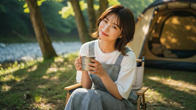 自然豊かなキャンプ場でマグカップを手に持ち微笑む女性