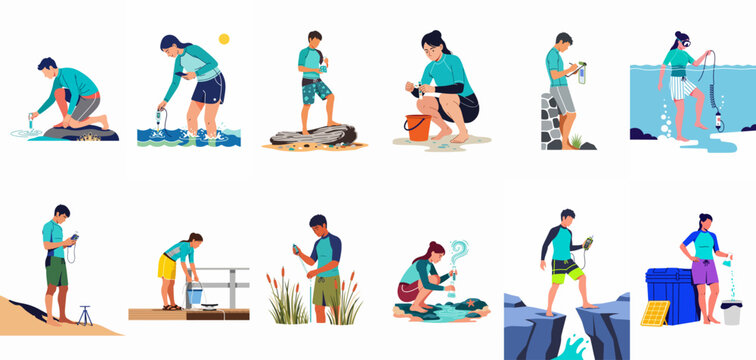 Set of illustrations depicting marine biologists and environmental scientists conducting field research, water quality testing, and sample collection in various coastal environments.