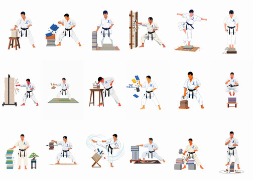 Vector Illustrations of a Karate Master Performing Various Power Breaking Techniques, Including Kicking, Punching, and Chopping Tiles and Wooden Boards.
