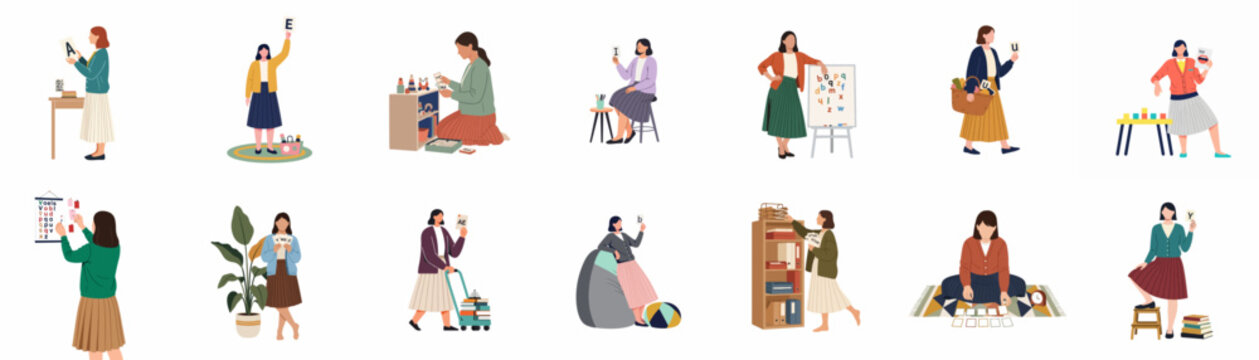 A collection of flat vector illustrations showing female educators teaching literacy and phonics using various tools like flashcards and books.