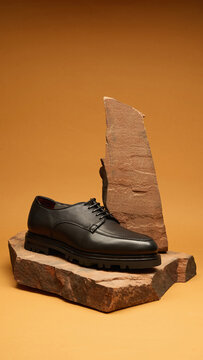 Black Leather Formal Shoe on Rock