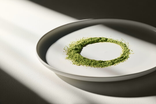 Minimalist Display of Green Powder on a White Ceramic Plate