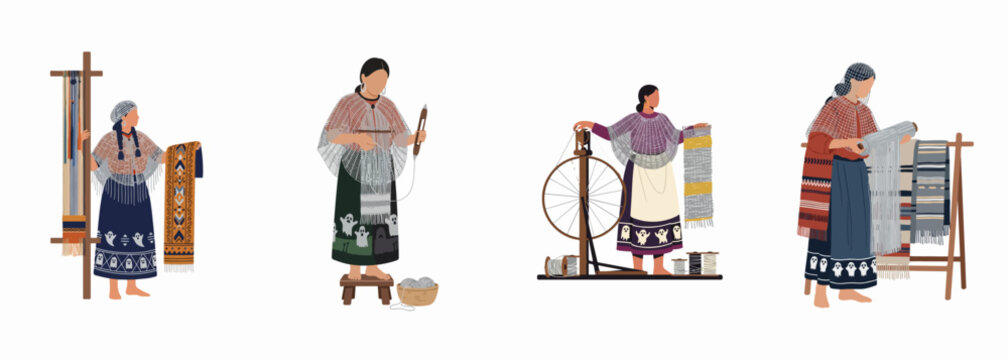 Illustration of indigenous women practicing traditional weaving and spinning techniques for textile production, showcasing cultural heritage and artisanal craftsmanship.