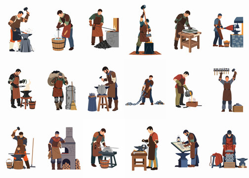 Comprehensive collection of blacksmiths and metalworkers engaged in various traditional forging, casting, and finishing crafts on a white background.