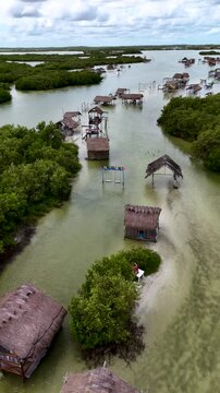 Panoramic Aerial view of Isla Columpios in Chuburna, Yucatan, Mexico, showing rustic palapas and water swings surrounded by mangroves, Forwards vertical drone shot taken in a sunny day