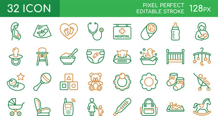 Naklejka premium Baby Care and Newborn Parenting Editable Stroke Icon Set for Child Health App and Website Design