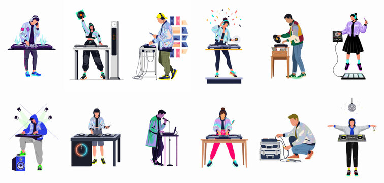 Diverse Collection of Male and Female DJs Performing with Professional Music Equipment in Modern Vector Illustration Style