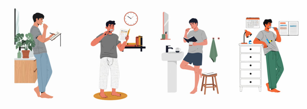 Set of illustrations depicting a young man multitasking during his morning routine, brushing his teeth while reading, writing, and planning his day.